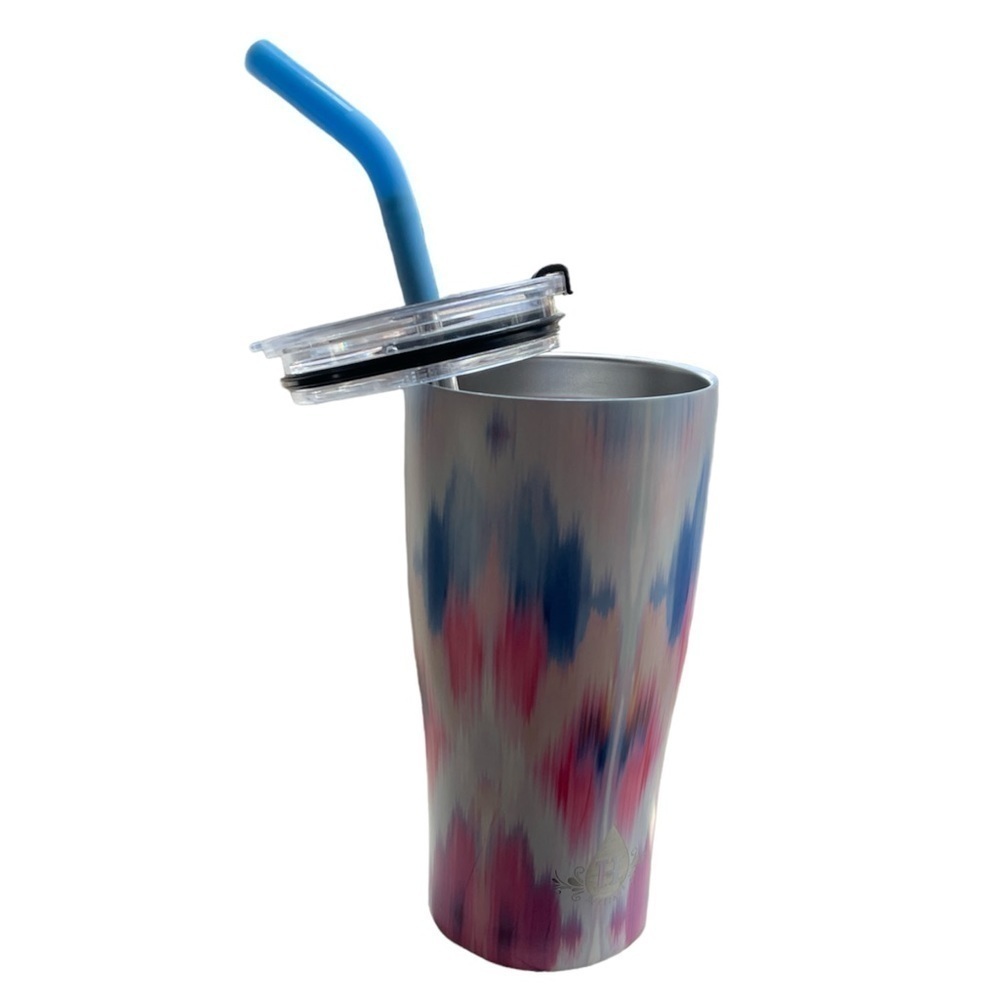 Heritage 20 oz Blue/Pink & White Tie Die Tumbler with Rubber Metal Straw